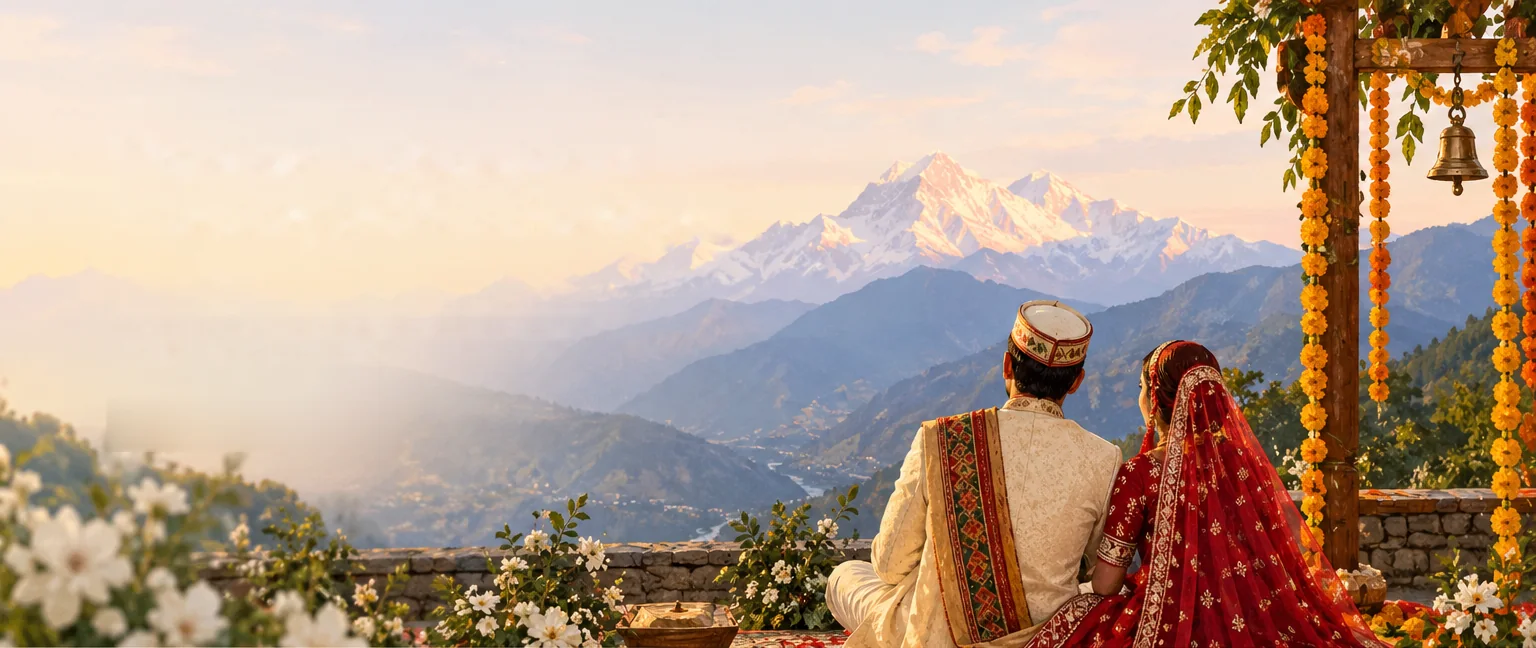 A bride and groom watching the sunrise over the Himalayan peaks
